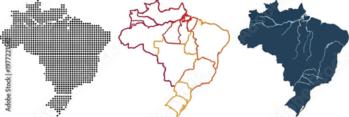 Brazil map vector set featuring dotted pattern regional divisions and geographical river outline styles for professional cartography graphic design projects