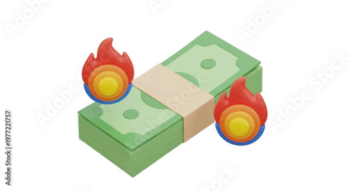 Vector illustration of stack of us dollar banknotes with fire icons on a transparent background
