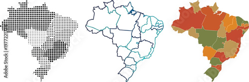 Brazil map vector illustration set featuring dotted outline contour and colorful regions for infographics and modern digital design projects