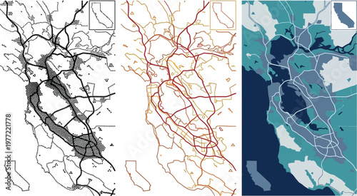 San Francisco map vector illustration showing city road networks and regional geography in three different artistic modern design styles