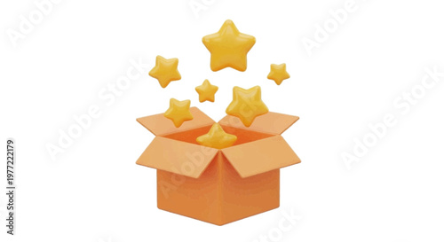 Vector illustration of 3d render of a cardboard box with floating golden stars on a transparent background