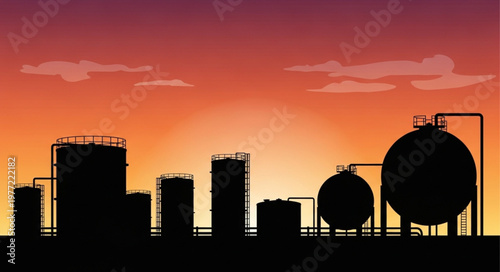 Industrial Silhouette - Oil Refinery at Sunset.