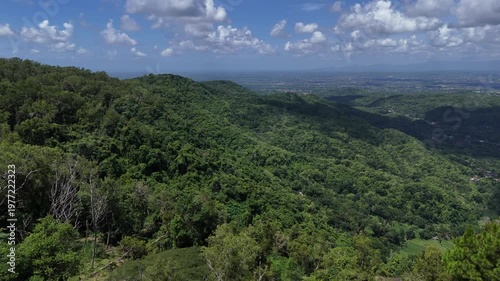 Beautiful tropical landscape of Dlingo hills and pine forest forest in Special Region of Yogyakarta.
