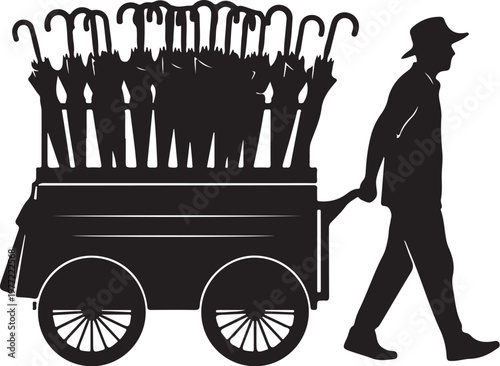 Black silhouette umbrella vendor cart, man pushing wheelbarrow, city street seller, monochrome illustration