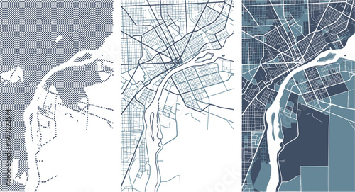 City map vector illustration set featuring urban street layouts with halftone patterns and various colorful abstract modern graphic designs