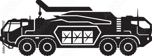 Military truck, missile launcher, armored vehicle, black silhouette, vector illustration