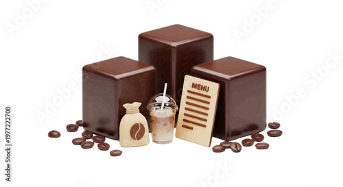Vector illustration of coffee shop concept with chocolate cubes, iced coffee, menu and coffee beans on a transparent background