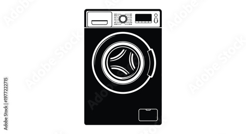 A stark black and white illustration of a front loading washing machine silhouette