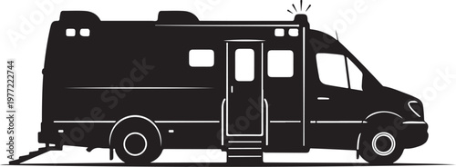 Black RV, motorhome, camper van, travel trailer vector icon