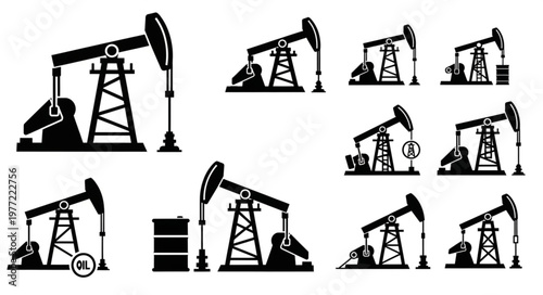 Silhouette Oil Pumpjacks - Extracting Resources with Industrial Machinery.