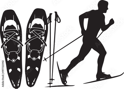 Cross-country skiing, snowshoes, silhouette icons, black, vector graphics, winter sports, athletic equipment