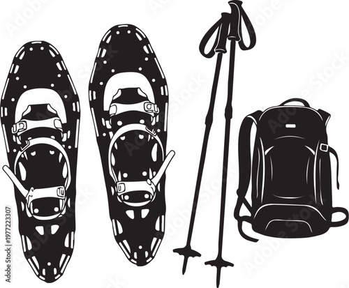 Snowshoes, hiking poles, backpack, winter gear, outdoor equipment, vector icons