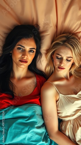 Two women lie on a bed one with dark hair in red other blonde in cream dress