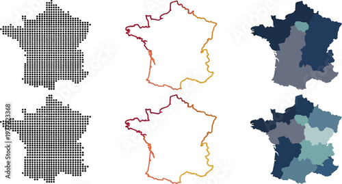 France map vector set featuring dotted patterns colorful line art outlines and regional division shapes for modern graphic design projects