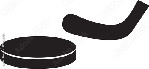 Hockey puck, ice hockey stick, black sports equipment, vector icons