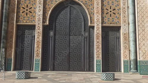 Hassan II Mosque ornate door and tilework close-up,