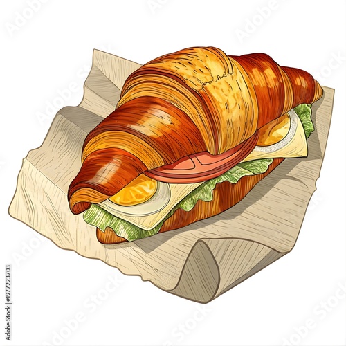 Illustration of a Sandwich with Lettuce, Egg, and Ham on White Background – Fresh and Tasty Food Concept.