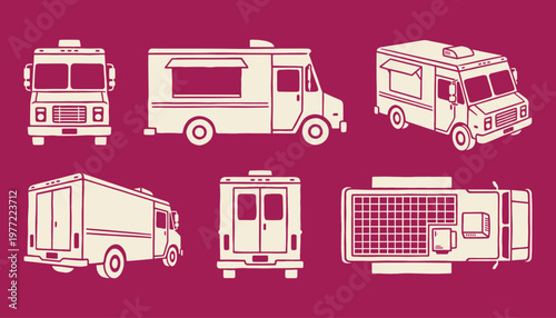Food Truck Vector Icons with Multiple Views and Perspectives on Solid Color
