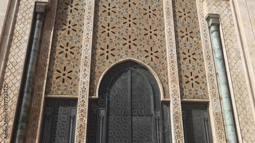 Hassan II Mosque ornate door and tilework close-up,