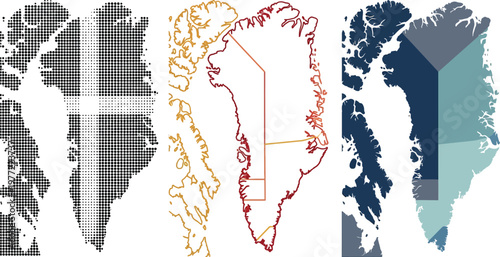 Greenland map vector illustration set featuring halftone patterns outline contours and colorful geometric shapes for geography infographic design projects