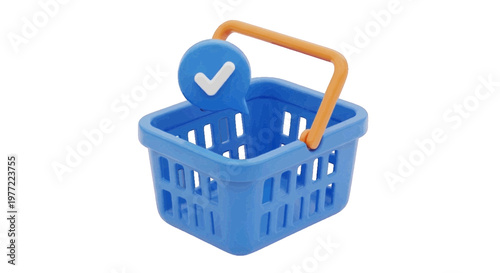 Vector illustration of 3d render of a blue shopping basket with a checkmark icon on a transparent background
