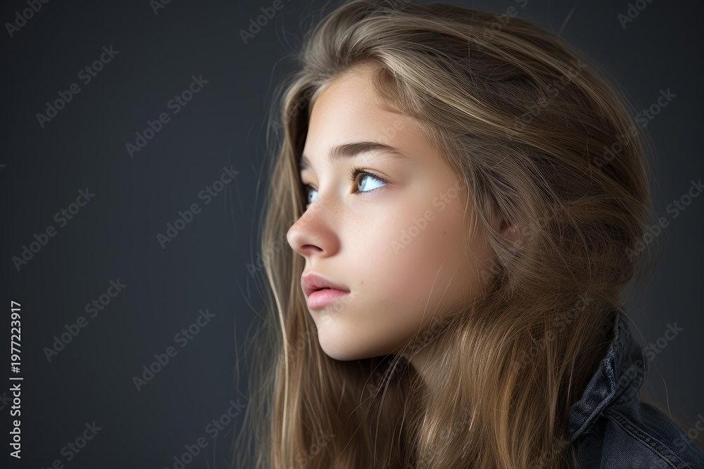 Fototapeta premium Young girl with blue eyes and long hair, profile portrait against a dark background, looking away