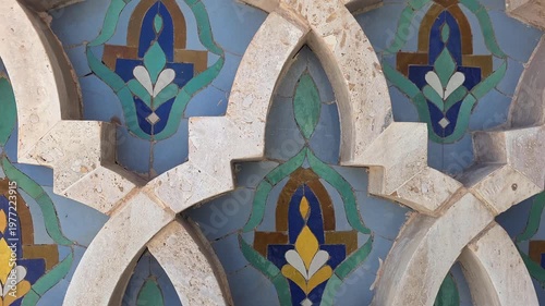 Traditional Moroccan geometric tile pattern close-up, - Traditional Moroccan zellige geometric tile pattern colorful close-up background texture