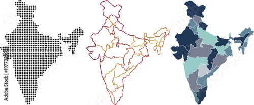 India map vector illustration set featuring dotted outline contour and colorful political regions isolated on a white background design
