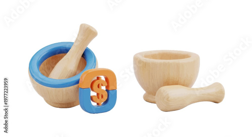 Vector illustration of wooden mortar and pestle sets with a dollar sign symbol on a transparent background