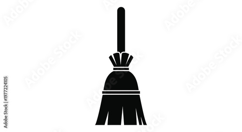 A simple black silhouette of a broom standing upright on a white background silhouette