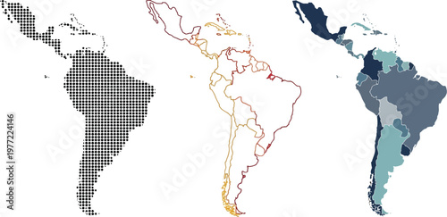 Latin America map vector illustration set featuring halftone patterns outline borders and colorful regions for professional geographic graphic design