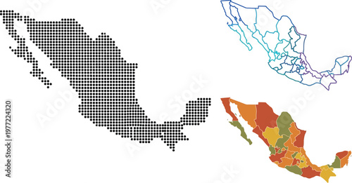 Mexico map vector set including dotted silhouette outline and colorful regions design elements for professional business infographic presentation use
