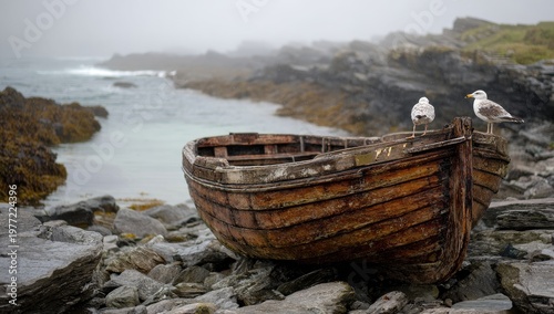 Weathered wooden rowboat on a rocky shore, two seagulls perched, misty seascape background