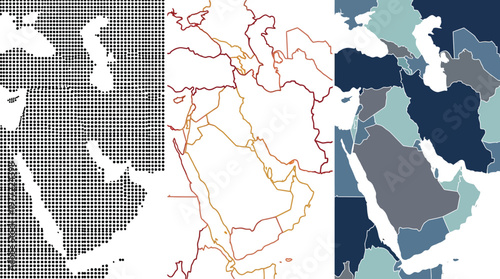Middle East map vector set featuring halftone pattern outline drawing and flat colored design isolated on white background art