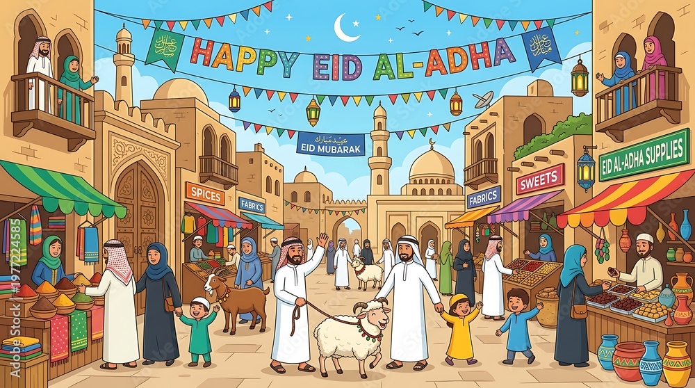 Fototapeta premium Eid al adha celebration festive scene with people and animals in town