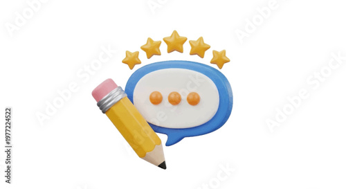 Vector illustration of 3d rendering of a speech bubble with a pencil and five stars rating on a transparent background