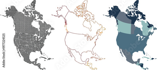 North America continent map vector graphic illustration set displaying diverse styles for geographical information design