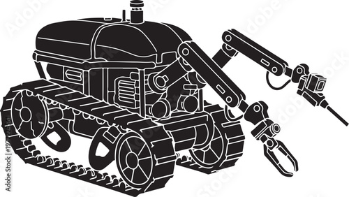 Robotic arm, industrial robot, mechanical claw, black and white vector illustration