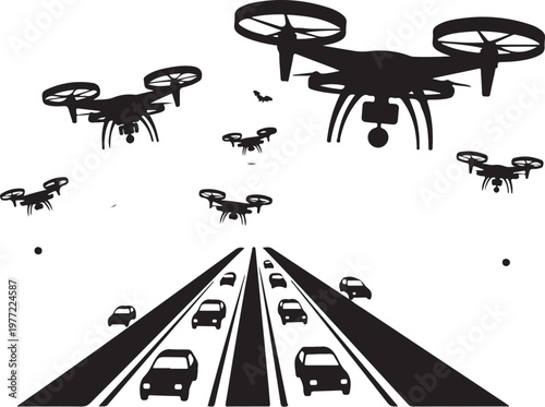 Drone, drone swarm, flying drone, road traffic, vehicles, black icons, white background