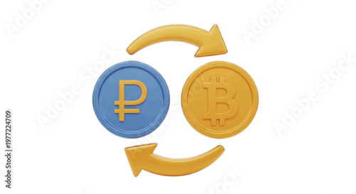 Vector illustration of 3d render of russian ruble and bitcoin currency exchange icon on a transparent background