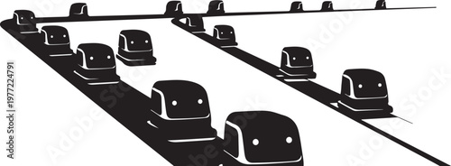 Black train locomotives, diesel engine icons, rail transport symbols, vector graphics