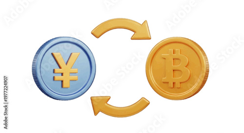 Vector illustration of 3d rendering of japanese yen and bitcoin coins exchanging with arrows on a transparent background