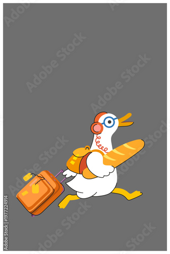 Funny goose character with luggage and bread, modern flat illustration with bright colors and minimal shapes.