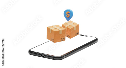 Vector illustration of 3d illustration of cardboard delivery boxes on a smartphone screen on a transparent background