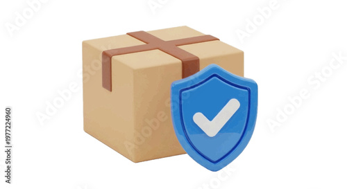 Vector illustration of 3d illustration of a cardboard delivery box protected by a blue shield icon on a transparent background