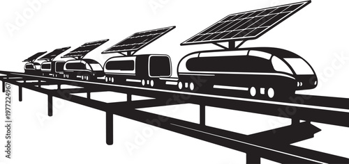 Solar powered monorail train, futuristic transportation, eco friendly, sustainable travel