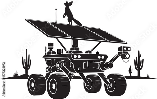 Mars rover, solar panel, robotic vehicle, desert landscape, black and white vector