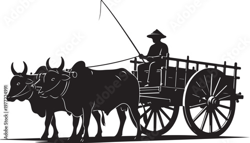 Traditional ox cart, vintage bullock cart, rural transportation, black silhouette, vector illustration
