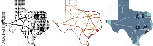 Texas map vector illustration set featuring modern highway networks road systems and geometric abstract point patterns for professional design projects