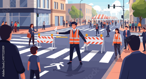 Construction Workers Directing Traffic at Crosswalk.